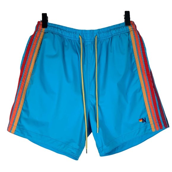 Aviator Nation Men's 5 Rainbow Stripe Flex Board Shorts in Antigua Blue Size 33 - Picture 1 of 9
